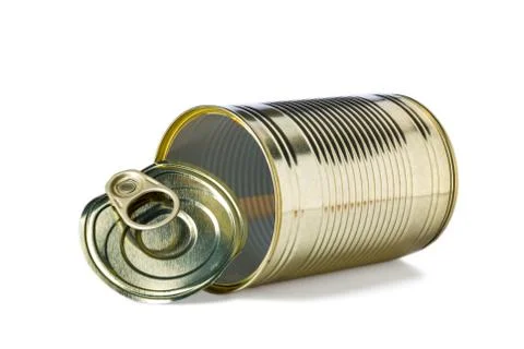 Empty old tin can with lid isolated on white Stock Photos