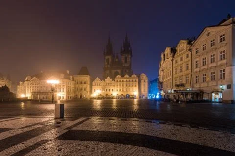 Empty Old Town Square in Prague at Night Photos