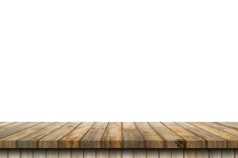 Empty old wood table on isolate white background and display montage with cop Stock Photos