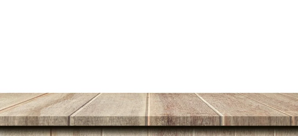 Empty old wood table on isolate white background and display montage with c.. Stock Photos