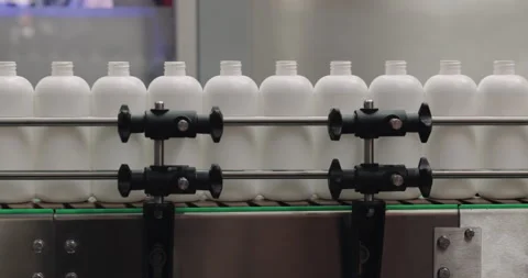 Empty opaque plastic bottles for cosmetic products carried by automated conveyor Stock Footage 346226239