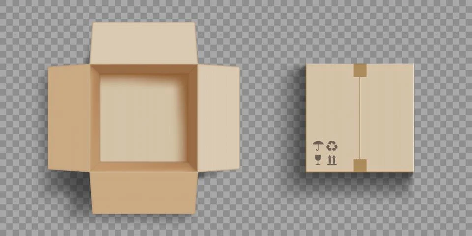 Empty open and closed cardboard box. Isolated on a transparent b Stock Illustration