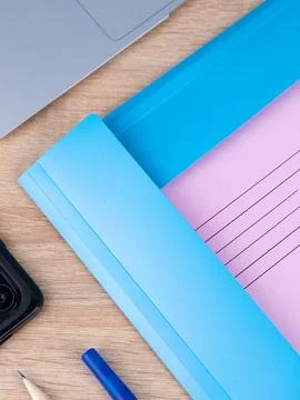 Empty open blue   folder for papers, close up Stock Photos