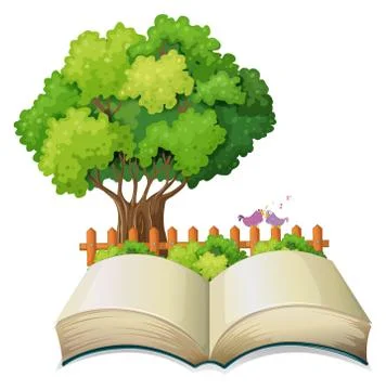 An empty open book and a tree with a fence Stock Illustration