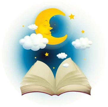 An empty open book with a sleeping moon Ilustração Stock