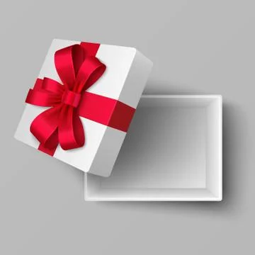 Empty open box with red silk ribbon and gift bow top view. Realistic vector Illustrazione stock