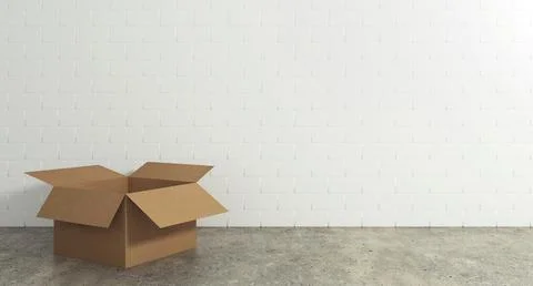 Empty open cardboard box on the floor with a wall background. Concept of mo.. Stock Photos