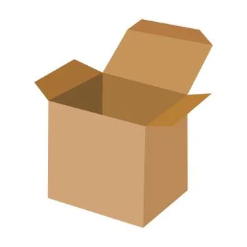 Empty open cardboard box isolated on white background. Side view. Brown carton Stock Illustration