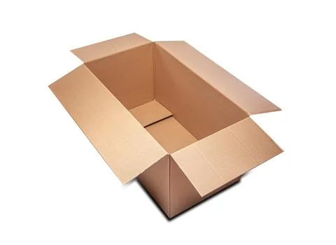 An empty open cardboard box is shown from a high angle against a white Stock Photos
