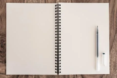 Empty open diary and pen on wooden table Foto stock