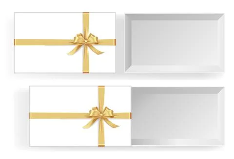 Empty open gift box with golden color bow knot, ribbon isolated on white Stock Illustration
