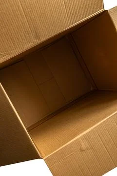 Empty open gray cardboard box, box on white background, Stock Photos