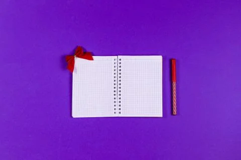 Empty open notepad with red marker and bow on the violet background Fotos de archivo