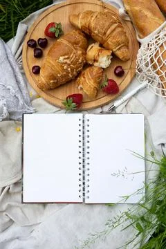 Empty open notepad. Summer paper mockup on the background of bright picnic Stock Photos