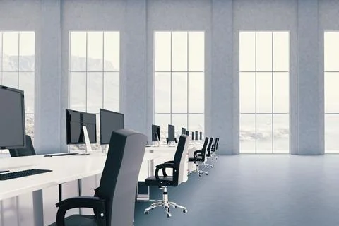 Empty open-plan office flat design illustration showing white desks, black Ilustración de archivo