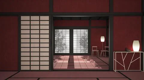 Empty open space, mats, tatami and futon floor, red plaster walls, wooden roo 스톡 일러스트