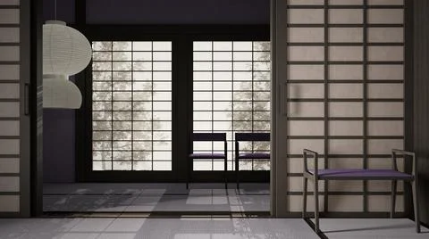 Empty open space, mats, tatami and futon floor, purple plaster walls, wooden  Stock Illustration