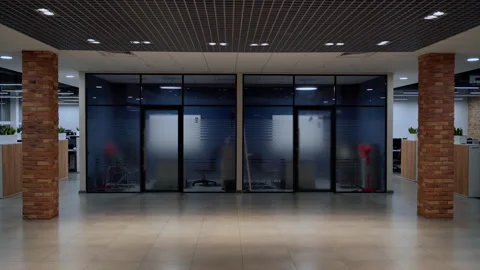 Empty open space in office interior. No people. Shot in 4K with smooth movement Stock Footage 161471755