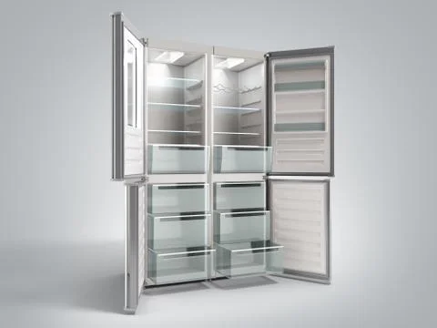 Empty Open Stainless steel modern refrigerator 3d illustration on grey gradie Stock Illustration