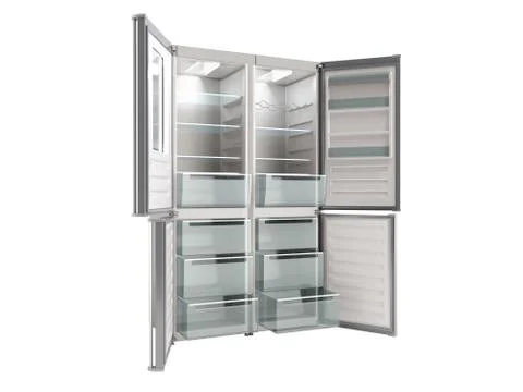 Empty Open Stainless steel modern refrigerator 3d illustration on white backg Stock Illustration