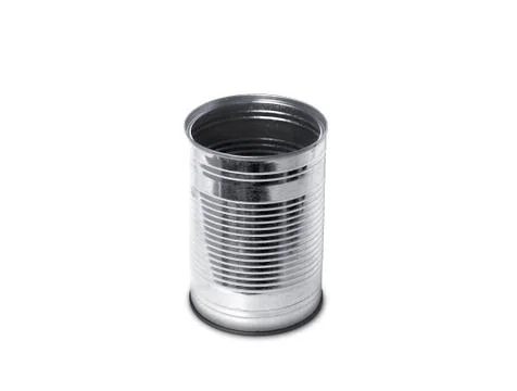 Empty open tin can without label isolated on white. Stock Photos