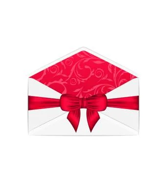 Empty open white envelope with pink bow ribbon, isolated on white background 스톡 일러스트