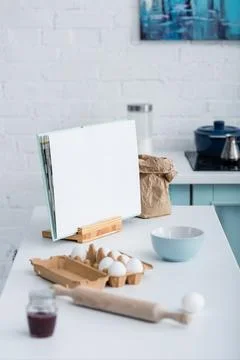 Empty opened cookbook table cooking Stock Photos
