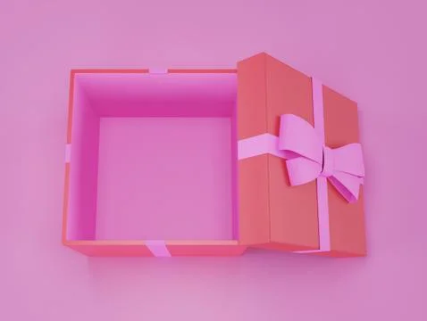Empty opened gift box with bow on pink background, top view, 3d illustration Stock Illustration