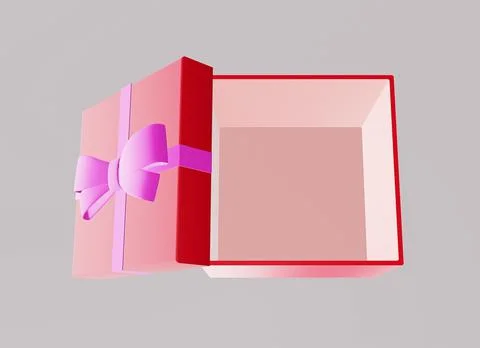 Empty opened gift box with bow on gray background, top view, 3d illustration Illustrazione stock