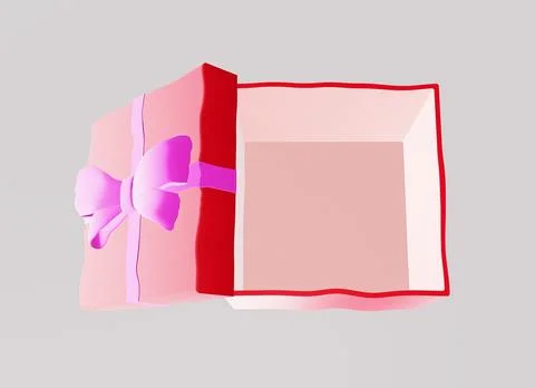 Empty opened gift box with bow on gray background, top view, 3d illustration Illustrazione stock