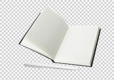 Empty Opened Notebook and white pen closeup on a transparent background Stock Photos