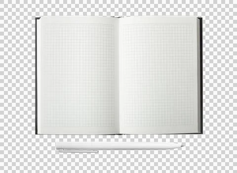 Empty Opened Notebook and white pen closeup on a transparent background. To.. Stock Photos