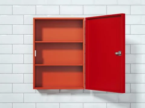 Empty opened red first-aid kit. 3d rendering Illustrazione stock