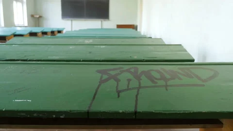 Empty Outdated Classroom With Green Wooden Desks And Chairs  Stockbeeldmateriaal 129176255