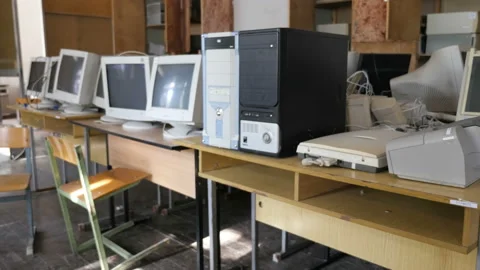 Empty Outdated Computer Room, Retro Computer Technology  Stock Footage 129690463