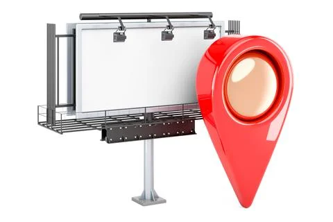 Empty outdoor advertising billboard with map pointer, 3D rendering Illustrazione stock