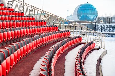 Empty Outdoor Auditorium Rows in Winter Setting. Stock Photos