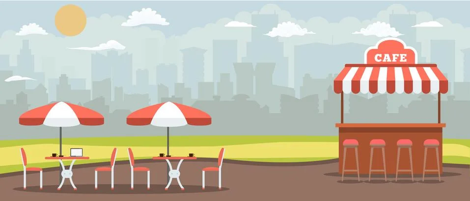 Empty Outdoor Cafe with cityscape background. Street Cafe or Restaurant Terrace Stock Illustration