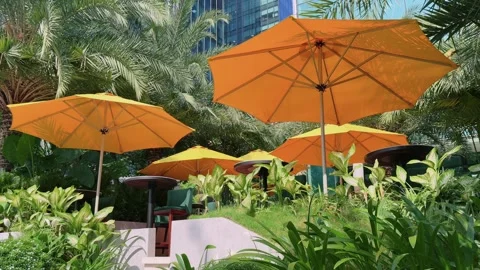 Empty Outdoor Cafe with Orange Umbrellas in Tropical Garden of city Hotel Stock Footage 342784394