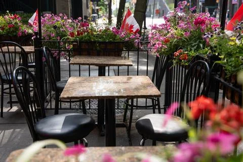 Empty outdoor cafe patio table beside pink flowers Stock Photos