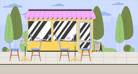Empty outdoor cafe with storefront, awning and tables chairs flat background Stock Illustration