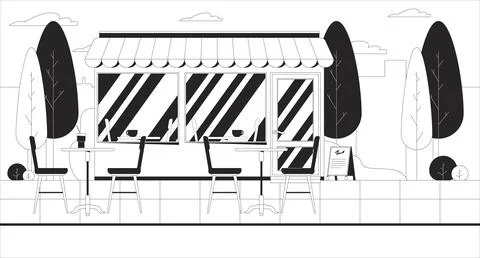 Empty outdoor cafe storefront, awning and tables chairs illustration backdrop Stock Illustration