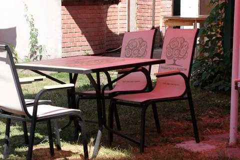 Empty Outdoor Cafe Table and Chairs in Hydropark Kyiv Stock Photos