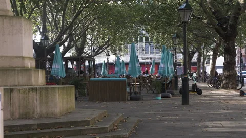 Empty Outdoor Dinning Tables And Chairs In Sloane Square Near Venus Stock Footage 162951310