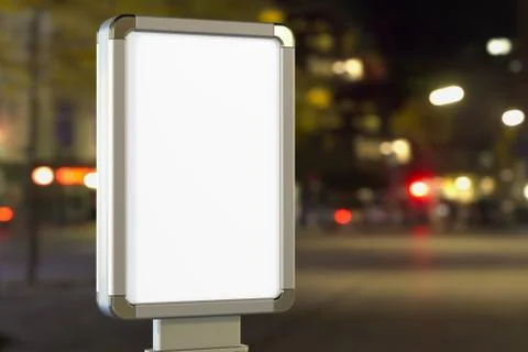 Empty outdoor light box, billboard on the night city blurred background. 3D r Stock Illustration