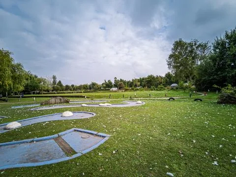 Empty Outdoor Miniature Golf Course on a Cloudy Day Stock Photos