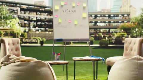 Empty outdoor office terrace with roadmap strategy whiteboard Stock Footage 338389340
