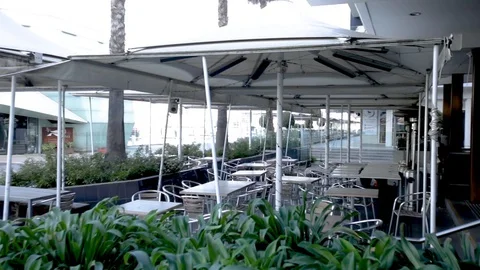 Empty Outdoor Restaurant Tables During Coronavirus Shutdown Stock Footage 129349414