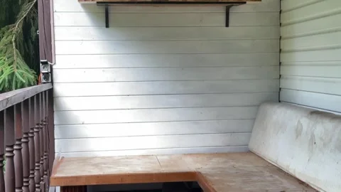 Empty Outdoor Sectional Sofa on Rustic Veranda Before Patio Makeover with Cat Hi 動画素材 339025840