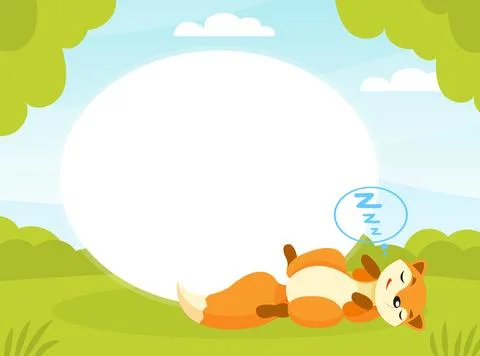 Empty Oval Card with Cute Red Fox Animal with Bushy Tail Lying on Green Grass Stock Illustration